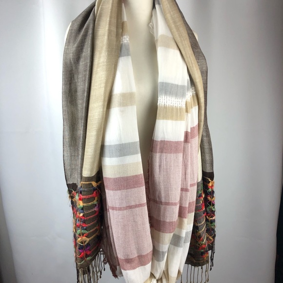 Woven Pashmina & Neutral Striped Scarf Bundle - Picture 1 of 16